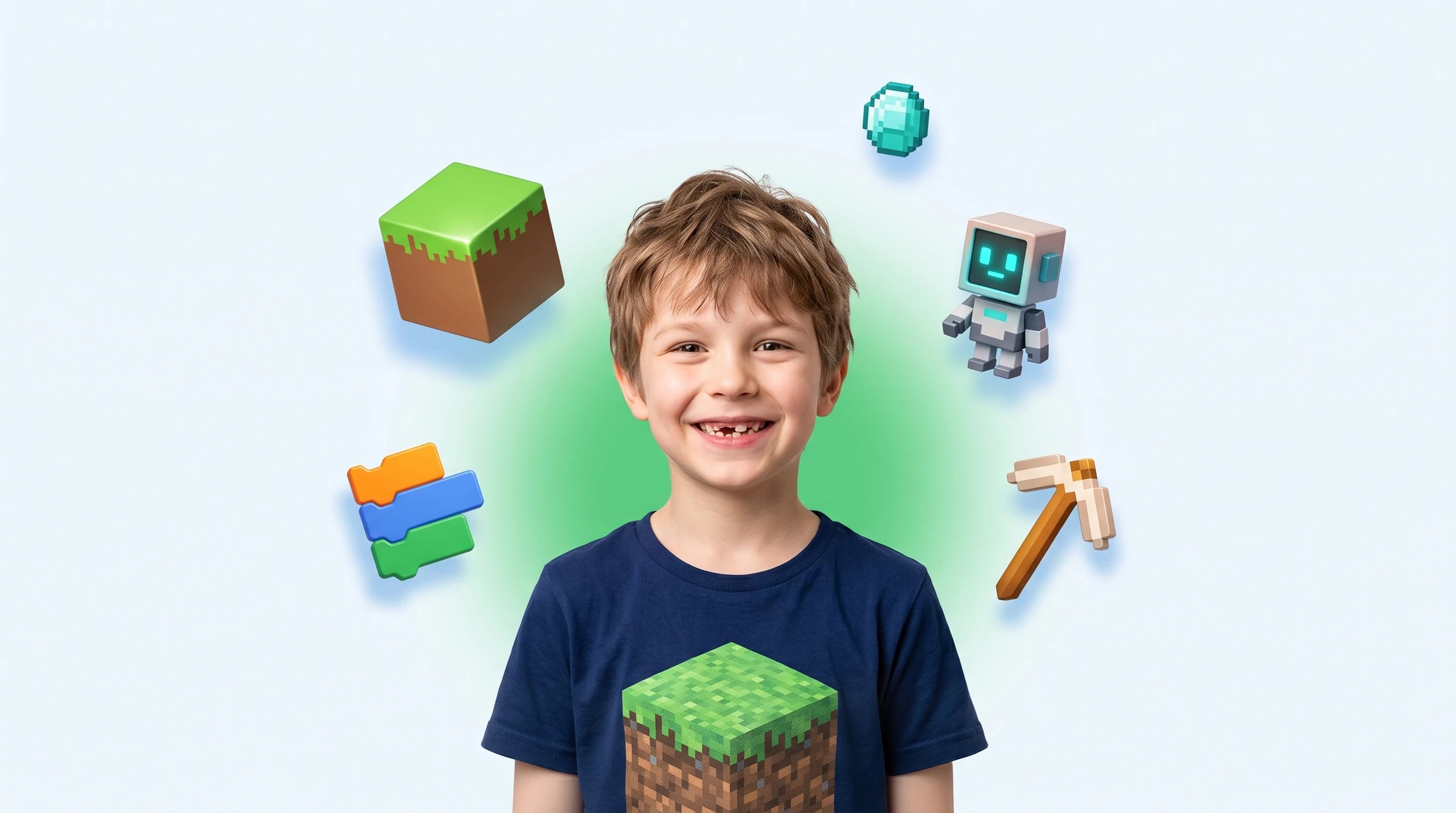 Ребёнок программирует игровой мир в Minecraft Education с помощью MakeCode